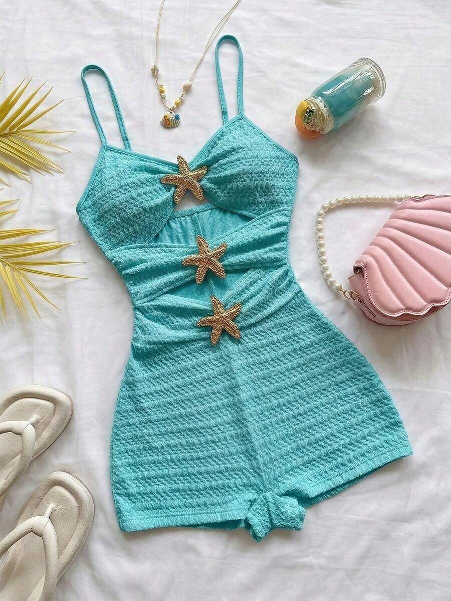 Mono de mujer con decoración de estrella de mar hueca, adecuado para fiesta y uso en casa - Agua verde azul - Ver 1