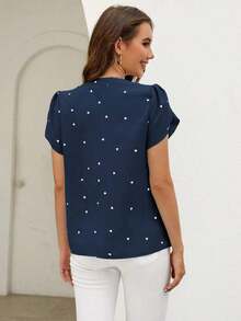 Blusa de mujer de escote en V con estampado de corazón y mangas con volantes para el verano y la playa - Azul - Ver 2