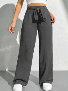 PETITE Pantalones anchos largos para mujeres, en unicolor, cintura alta con cinturón para un estilo suelto - Gris Oscuro - Ver 3
