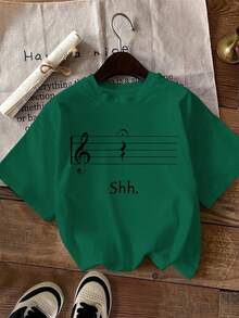 Women's Casual Holiday T-Shirt, Short Sleeve, With Treble Clef And Rest Note Print - 綠色 - 查看 12