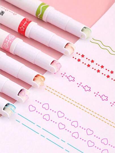 6pcs Fluorescent Pens, Notebook Pens, Curved Pens, Rollerball Pens, Flower Shaped Pens, Double-Headed Printing Pens, Outline Pens, Creative Wave Flower Pens - Back To School Essential Supplies