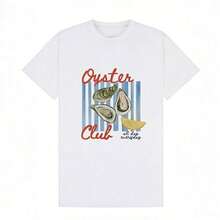 Ropa de verano para mujer, camiseta de algodón suave y casual con cuello redondo, estampado con diseño de rodaja de limón y ostra en textura acuarela, fuente Oyster Club. Blanco. - Blanco - Ver 2