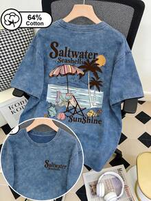 Plus Size Women's Vintage Washed Snowflake & Seashell Print Casual Round Neck Short Sleeve T-Shirt, Summer Top Vacation - Blue - View 1