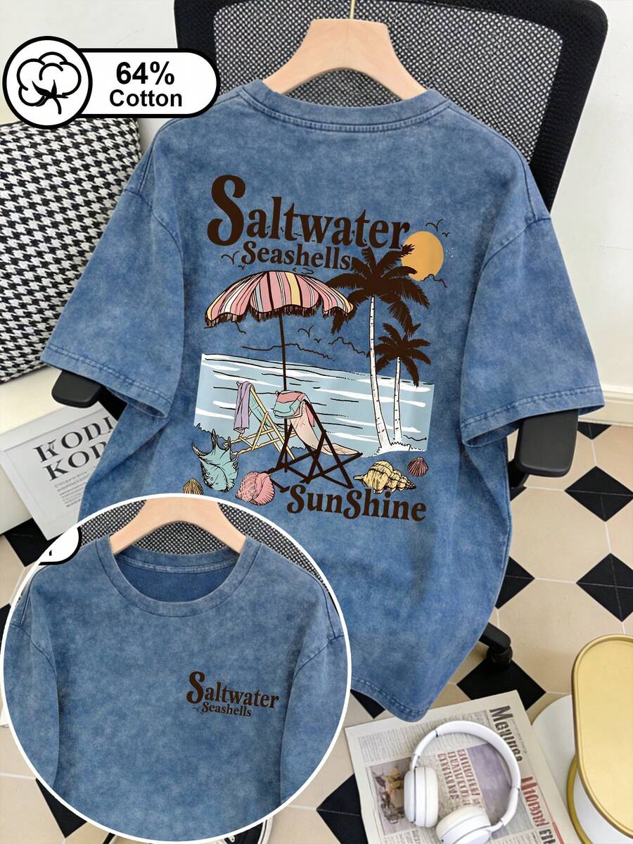 Plus Size Women's Vintage Washed Snowflake & Seashell Print Casual Round Neck Short Sleeve T-Shirt, Summer Top Vacation - Blue - View 1