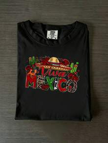 Blusa casual de talla grande para mujer - Camiseta unisex Viva México con estampado de letras en español, de manga corta, cuello redondo, corte holgado, ideal para vacaciones y viajes, prenda de punto casual para primavera y otoño, adecuada para todo tipo de cuerpo (lavable a máquina), camisas de algodón para mujer. - Negro - Ver 1
