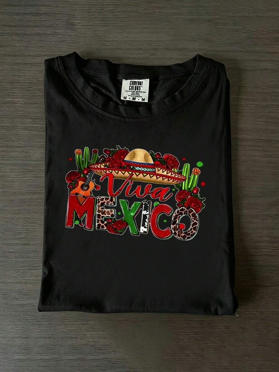 Blusa casual de talla grande para mujer - Camiseta unisex Viva México con estampado de letras en español, de manga corta, cuello redondo, corte holgado, ideal para vacaciones y viajes, prenda de punto casual para primavera y otoño, adecuada para todo tipo de cuerpo (lavable a máquina), camisas de algodón para mujer. - Negro - Ver 1