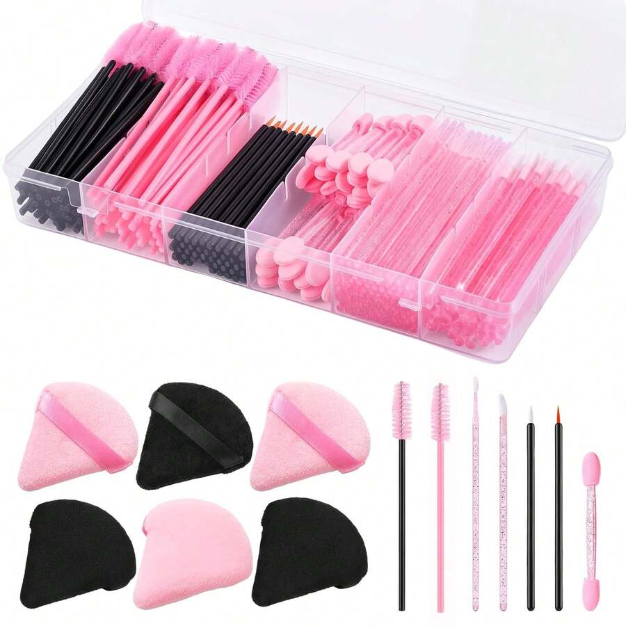 300 Pcs Disposable Makeup Applicators Tools With Triangle Puffs, Lip Applicators Eyeliner Brushes Mascara Wands Makeup Artist Kit Essentials With Box - Pink - View 1