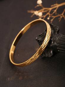 1 Set 18K Gold Plated Stainless Steel Diamond-Shaped Carved Bracelet And Ring Set, Hypoallergenic Non-Fading Waterproof Anti-Scratch Anti-Oxidation Jewelry, Suitable For Daily Commute, Dating, Banquet, Party, Workplace, Stackable Wear - Diamond-patterned Bracelet and Ring Set - View 9