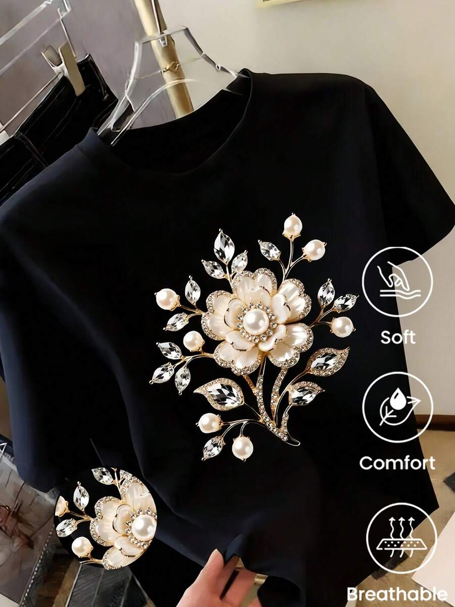 180 g Hecho en México, Moda Primavera/Verano 2026 Camiseta de manga corta, Estampado de dibujos animados, Estilo para parejas, Ropa interior/exterior, Cuello redondo informal para la oficina, Top unisex de una pieza - Negro - Ver 1