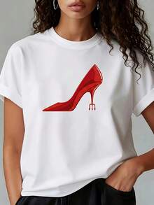 Talla grande, Camiseta de talla grande, Tacones altos con estampado de diablo rojo, Camiseta blanca de manga corta con cuello redondo estampada - Lavable a máquina, Estilo casual, Ajuste cómodo, Diseño moderno, Versátil para uso diario, Tela suave, Estilo a la moda - Negro - Ver 6