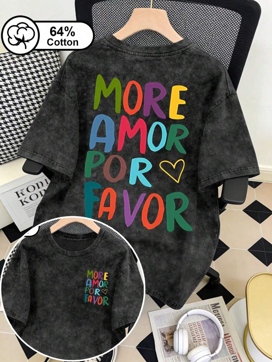 大尺碼女款 T 恤,甜酷風愛心與「More Love」雙面印花,復古水洗短袖夏季上衣 - 黑色 - 查看 1
