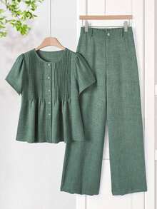 Conjunto informal de top de manga corta de cuello redondo y pantalones a rayas - Burdeos - Ver 5
