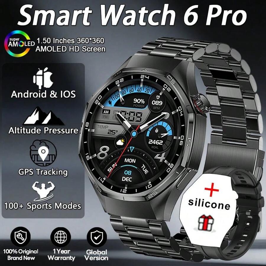 Reloj 6 Pro Upgrade Smart Watch Hombres Gps Deportes Fitnes Impermeable Siempre Reloj Business Smartwatch Hombre Para Android Io - Acero Negro - Ver 1