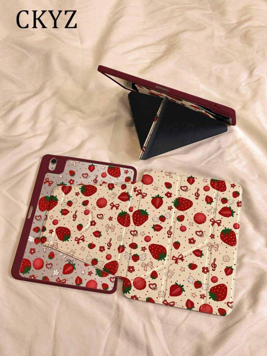 Funda con estampado de lazo de fresa, cubierta protectora acrílica giratoria 360° sin imanes, soporte plegable en forma de Y, a prueba de golpes, activación/suspensión automática, compatible con iPad 11 2025/Air 2026/Pro 11/13 Series, estilo lindo y femenino, para estudio/oficina/viajes