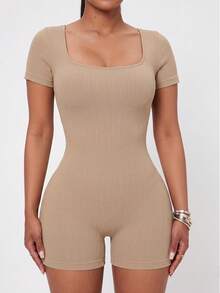 1pc Plus Size Women's Seamless Ribbed Bodysuit, Tummy Control & Butt Lift Full Body Shaping Jumpsuit, Summer Compression Body Shaping Shorts, Suitable For Daily Wear, Women's Shorts, Father's Day Gift - Apricot - View 3