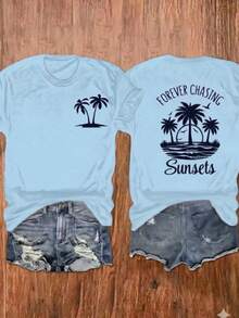 100% Cotton Unisex Round Neck Short-Sleeve T-Shirt With Palm Tree And Sunset Pattern, And The Words "FOREVER CHASING Sunsets" On The Back. Summer Wome - 淺藍色 - 查看 6