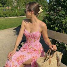 guangzhougaolangshangmao  MOD Vestido romántico de longitud media con estampado floral, camiseta con tirantes y abertura alta en forma de espina de pescado - Multicolor - Ver 9