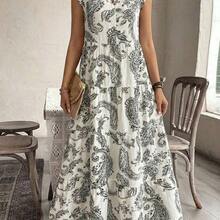 YijiaNvz  Vestido casual de vacaciones y citas con cuello en V, cintura fruncida y estampado de flores de anacardo para mujer - Caqui - Ver 4