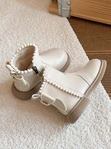 1 Pair Girls' Pom Pom Zipper Princess Ankle Boots, Soft Sole Anti-Slip, Versatile, Autumn/Winter New Arrival - Beige - View 5