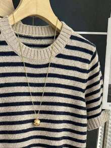 Nueva llegada Primavera/Verano Estilo coreano Casual Suelta Personalizada Blusa de punto de mujer a rayas de color contrastante - Caqui 4 - Ver 7