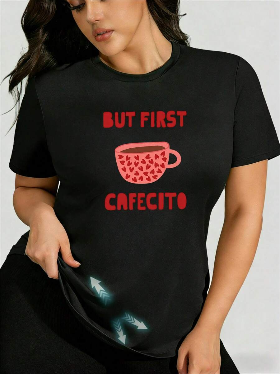 Camiseta de mujer de algodón manga corta cuello redondo estampado But First Cafecito estilo juvenil para México primavera verano - Negro - Ver 1