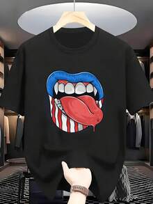 Men's Plus-Size T-Shirt With An American Flag Design, Red Lips, And A Sticking Tongue. A Comfortable And Casual Short-Sleeved T-Shirt For Summer. - 黑色 - 查看 1