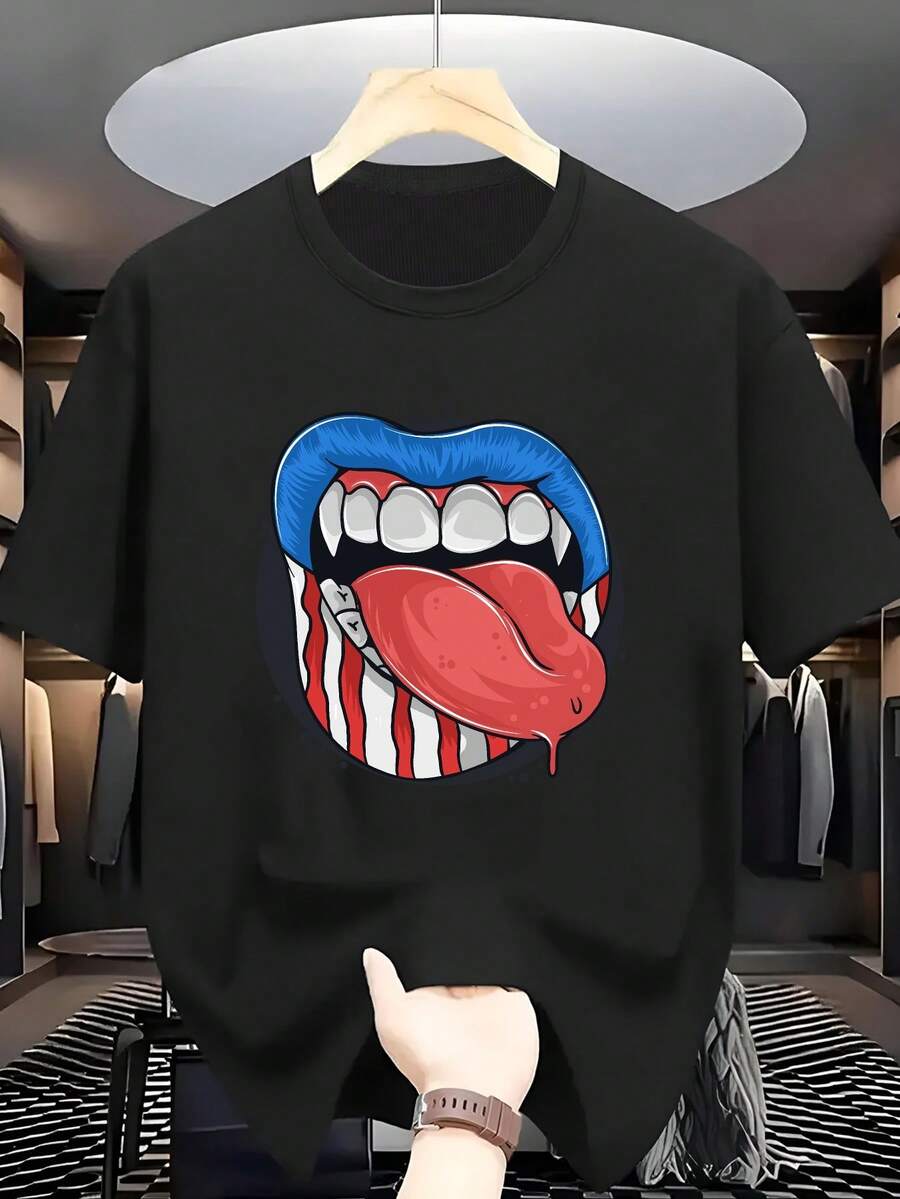 Men's Plus-Size T-Shirt With An American Flag Design, Red Lips, And A Sticking Tongue. A Comfortable And Casual Short-Sleeved T-Shirt For Summer. - 黑色 - 查看 1