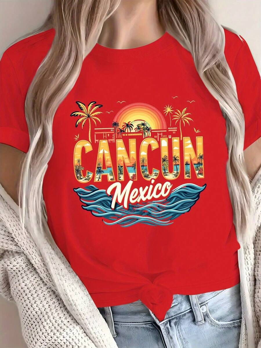 Women's Soft Cotton T-Shirt - Cancun, Mexico Vacation Theme With Palm Trees And Waves Design - Lightweight T-Shirt For Everyday Wear, Summer, Beach, Party, Travel, Souvenir - Machine Washable, Casual Top, Sunset Design, Comfortable Fit, Beach Souvenir T-Shirt, Casual Blouse - 紅色 - 查看 1