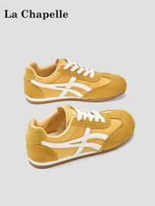 La Chapelle Women's Thick Sole Lace-Up Soft Bottom Casual Sneakers, Low-Top Flat Outdoor Commuter Shoes, Round Toe Low Heel Solid Color Elegant Soft Bottom Hiking Shoes, Suitable For Students Graduation Photo, Women's Low-Top Microfiber Sports Skateboard Shoes - Lemon Yellow - View 2