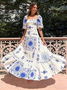 2026 Spring New Women's Clothing-Border European And American Dress Casual Off-Shoulder Sleeve Printed Long Dress - 28338-白底印花 - 查看 9