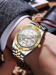 2pcs/Set Couple's Minimalist Fashion Roman Numeral Diamond Decorated Calendar Dial Classic Quartz Wrist Watch, No Watch Box Included - White - View 6