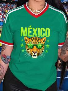 Playera Deportiva para Mujer "México con Jaguar Estrella" - Verde, Estilo Copa Mundial Casual - Verde - Ver 2