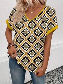 Camiseta casual y versátil para primavera/verano con cuello en V, puños acampanados y estampado degradado en forma de corazón - Multicolor 4 - Ver 5