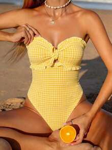Swim Mod Ropa de playa de moda y linda para mujer, traje de baño de una pieza con volantes halter de tela especial a cuadros, adecuado para resort, fiesta, yate, primavera/verano - Multicolor 2 - Ver 4