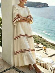 Holidaya Vestido de mujer casual de vacaciones de cuello redondo y manga corta con estampado de rayas en color albaricoque de tejido arrugado: Vestido de vacaciones para mujer, vestido color albaricoque, vestido de rayas, vestido casual, vestido de vacaciones para mujer. Vestido de playa, vestido de verano de isla, vestido elegante, vestido largo de outfit de verano, vestido de playa - Albaricoque - Ver 3