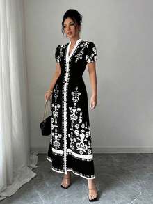 Vestido de verano de corte slim con estampado para mujer - Blanco y Negro - Ver 12