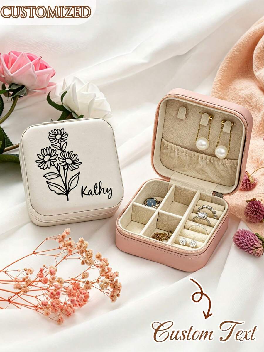 Personalized Name Jewelry Box – Custom Classic Rectangular Fabric-Lined Travel Case With Zipper Closure And Cufflink Compartment – ​​Bridesmaid Gift - Multicolor - View 1