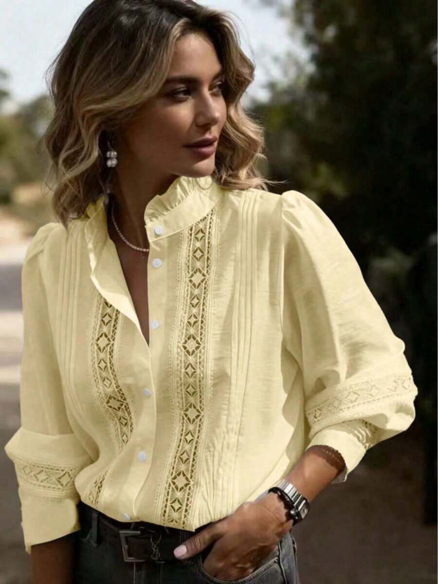 Ropa de mujer para otoño. Blusa de manga larga de unicolor con cuello vuelto, con parches de encaje, de estilo casual y elegante. La camisa de mujer talla grande popular y hermosa para salir, adecuada para primavera/otoño, hogar, vida diaria, trabajo y citas. Verano - Amarillo - Ver 1