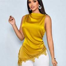 Soqi Women's Clothing  Blusa de satén elegante y minimalista para mujer con cuello alto simulado, recorte de encaje negro, parche y bajo asimétrico sin mangas - Amarillo - Ver 1
