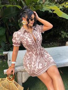 Vestido corto de tipo A de manga corta con un solo pecho y lazo delantero de estilo bohemio, vestidos cortos de verano para mujeres, atuendos de vacaciones en la isla, vestidos de verano, atuendos de vacaciones para mujeres, ropa de mujer bohemia, atuendos de crucero para mujeres, atuendos de Hawái para mujeres, vestido tropical, vestido camisero, atuendos de Ibiza - Multicolor 4 - Ver 6
