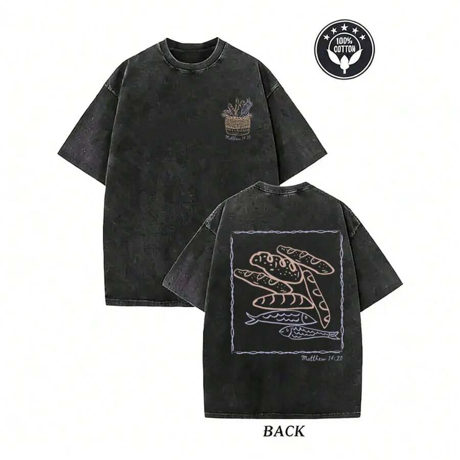 Camiseta "Pan y Peces" de Mateo 14:20 | Camiseta retro lavada con gráfico cristiano, camiseta bíblica de pan y pez | Camiseta Vintage Faith de Talla Grande con Efecto Lavado - Negro - Ver 1