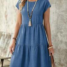 YijiaNvz  Vestido casual de mujer de manga corta, cuello redondo y longitud media, con apariencia de lino verde, para primavera/verano - Azul - Ver 1