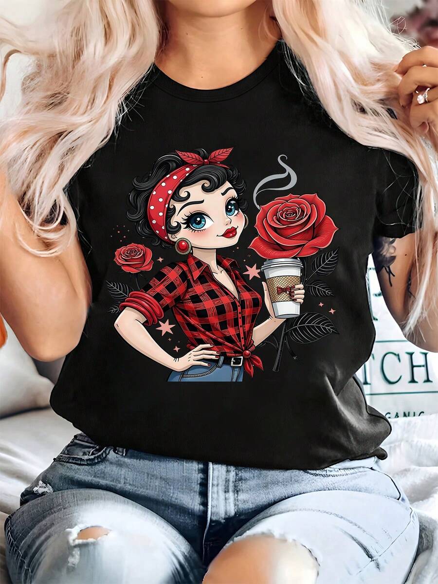 Plus Size - Plus Size - Retro Rose And Coffee Plaid Print, Standard Size Letter Print, Versatile And Modern Crew Neck Top, Short Sleeve, Plus Size Fashion, Casual Crew Neck Top, Loose Fit 0-5XL, Machine Washable, Comfortable Fit, Short Sleeve - 黑色 - 查看 1