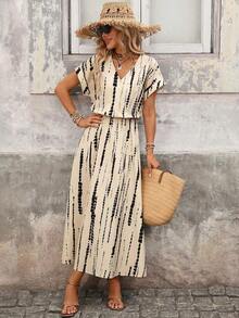 Vestido de mujer de manga corta holgado con cuello en V y medio abierto, de tela texturizada, adecuado para exteriores y vacaciones, primavera/verano - Caqui 2 - Ver 5