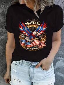 Women's Casual Cotton Blouses In White, Short-Sleeved T-Shirt With Patriotic Eagle, Independence Style Tops For Spring/Summer 2026 For Everyday Wear - Black - View 6