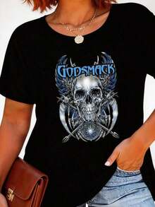 Camiseta gráfica Godsmack para mujer, de algodón, informal, de manga corta, cuello redondo, estilo minimalista, con estampado de anime/eslogan/banda, tela cómoda de elasticidad media, lavable a máquina - Versátil para el día a día, deporte u ocasiones especiales. - Negro - Ver 6