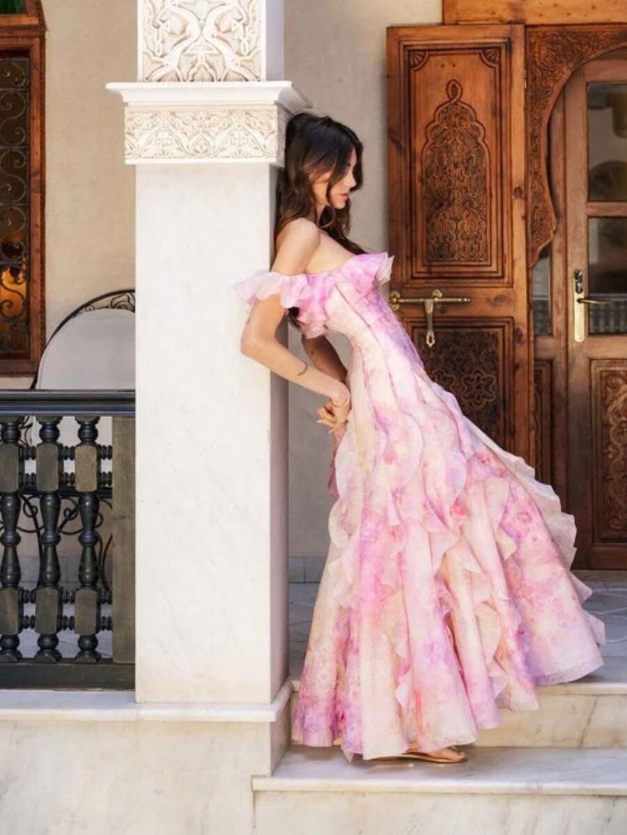 Elegant Beach Dress With Straps, Chiffon, Ruffles, French-Style Flowy Design For Seaside Holidays - Pink - View 1
