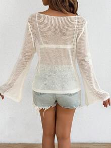 Hollow Floral Knit Long Sleeve Cover Up For Women, Casual Beach Vacation Solid Color Sunscreen Shirt, Spring/Summer White - White - View 2