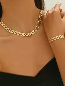 RAYQUEEN New Stainless Steel Hip Hop Geometric Chain Necklace & Bracelet Set, Suitable For Daily Wear And Gift - Yellow Gold - View 7