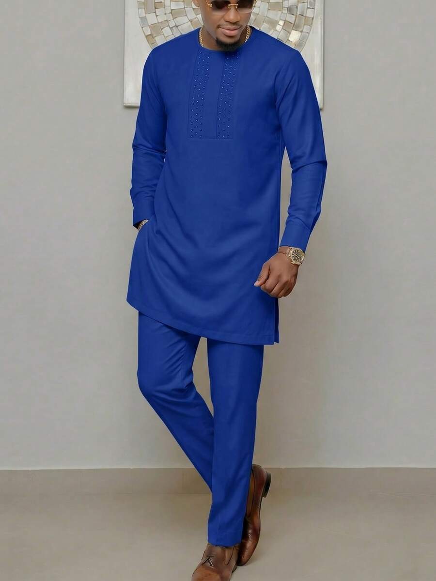 2026 New African Style Beaded Long Sleeve Top And Pants - Traditional Casual 2 Pieces Set For Men - Blue - View 1